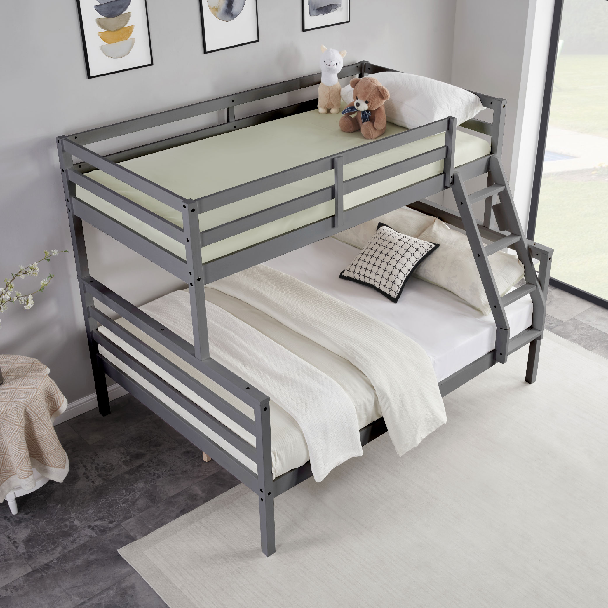 Twin over Full Bunk Bed with Ladder,Wooden Bunk Bed with High Guardrail and Ladder for Kids, Teens, Dorm Rooms, and Guest Rooms,No Box Spring Needed,Grey